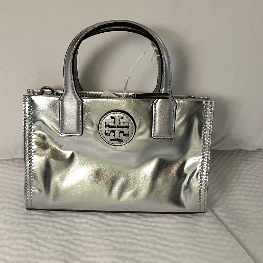 Tory Burch ella nylon mini tote crossbody silver